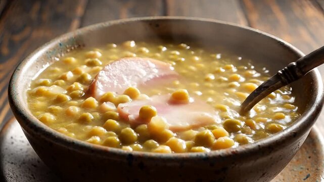 Hearty Split Pea Soup with Ham Chunks Served in a Rustic Bowl.