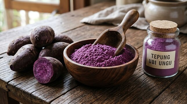 Tepung Ubi Ungu dan Umbi Ubi Coklat Segar di Meja Kayu untuk Resep Tradisional Indonesia