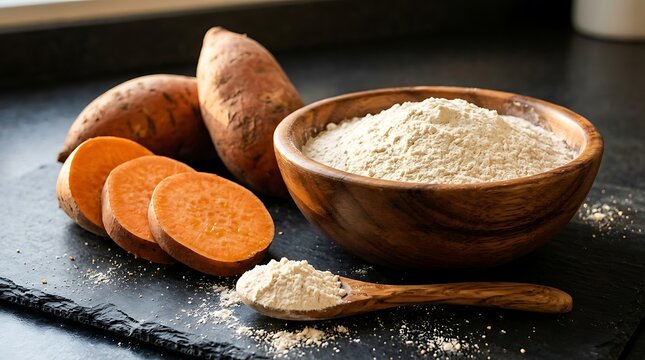 Ubi ungu manis dan tepung singkong dalam mangkuk kayu di dapur modern