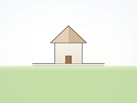 A minimalist, geometric illustration of a simple house with a triangular roof and a door, set on a flat base with green ground below.