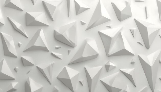 A contemporary abstract background featuring numerous white geometric pyramids and sharp triangular shapes arranged dynamically.