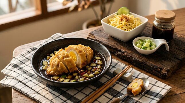 Penyajian bakso ayam dan mie telur lengkap dengan saus dan sayuran segar di meja makan Indonesia