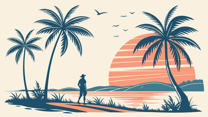 Minimal tropical island beach with palm trees, orange sunset sky, calm ocean, and standing silhouette. Modern vector illustration perfect for travel flyers, summer themes, and posters. © Tamar