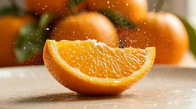 Potongan jeruk keprok segar di dekat jeruk utuh dan daun hijau dalam suasana alami