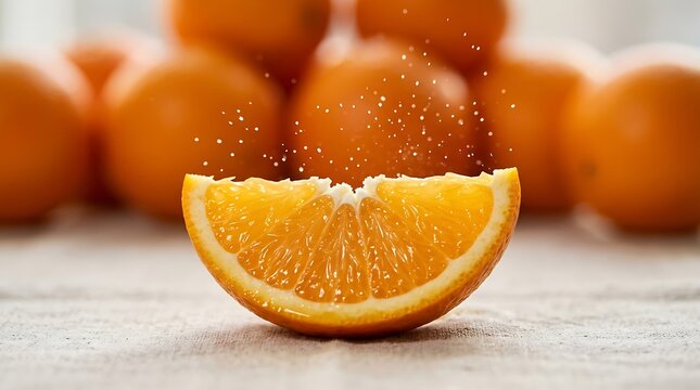 Potongan jeruk manis segar di atas meja, latar belakang penuh jeruk utuh