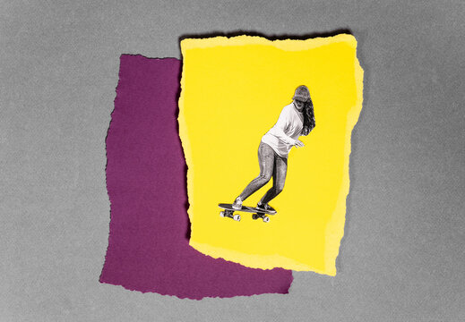 Analog collage skateboarder with color blocking