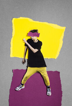 Analog collage androgenous dancer with vivid color blocking.