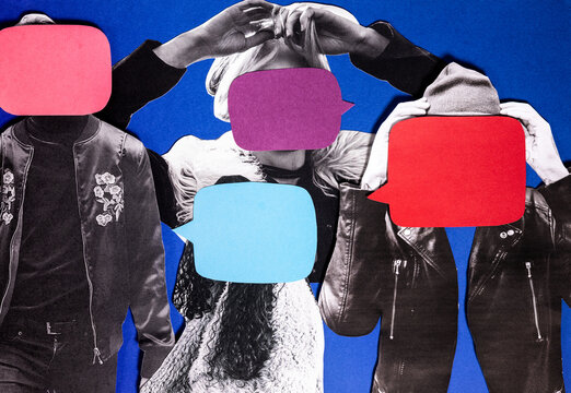 Analog collage four people with speech bubbles over their faces