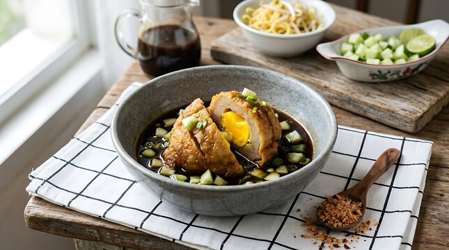 Semangkok sate telur puyuh dish khas Indonesia dengan sambal dan sayur segar