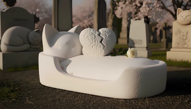 White marble cat tombstone with broken heart and rose in cemetery. Pet memorial headstone for cat lover. Conceptual burial site of a beloved pet, funeral tribute, loss and grief.