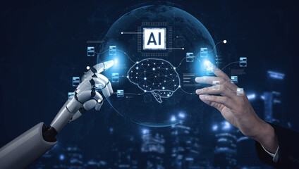 Fototapeta na wymiar AI powers a neural network to process complex data streams, optimize learning models, and automate high-speed intelligent computing across networks Vouch