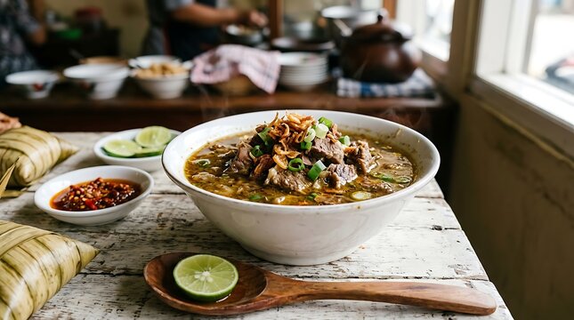 Soto daging dengan kuah bening dan irisan daging sapi di mangkuk besar di dapur alami Indonesia