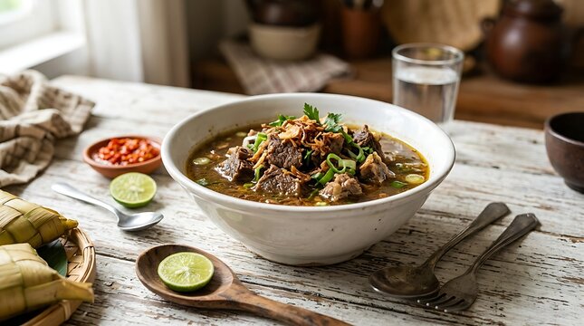 Soto Daging Sapi kuah bening lengkap dengan bahan tradisional Indonesia