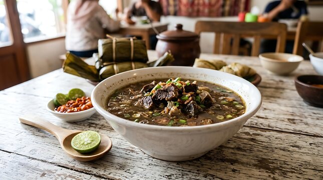 Soto Sapi Khas Indonesia di Warung Tradisional dengan Teman dan Bumbu Segar