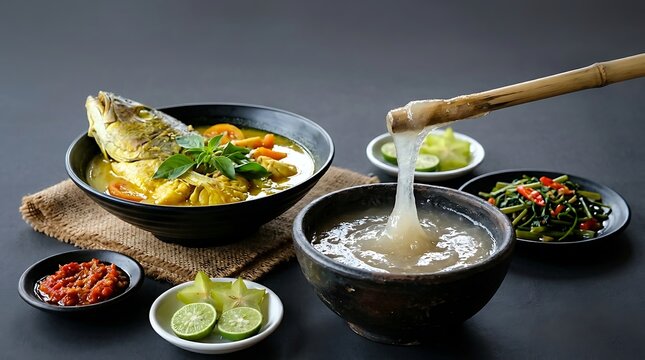 Sup boot dengan ikan gurame, sambal, dan lalapan segar di meja makan Indonesia