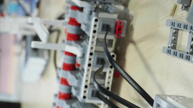 young boy constructor scientist assemble the wheeled machine robot in the lab. boy teenager collects according to instructions robot constructor. connects wires, programs. develops intelligence