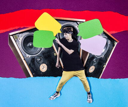 Analog collage of a dancer in front of a sound system