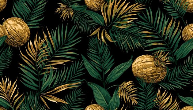 A luxurious seamless tropical pattern showcasing rich golden and deep green palm leaves on a dark, almost black, background.