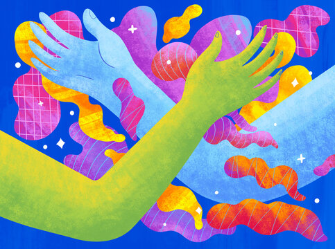 Hands reach out to connect in a colorful design on blue background
