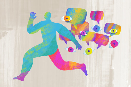 Person running away from colorful speech bubbles and eyes
