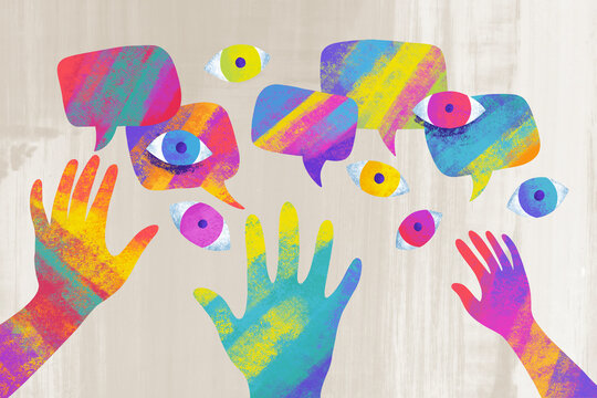 Creative discussion with colorful speech bubbles, eyes and hands