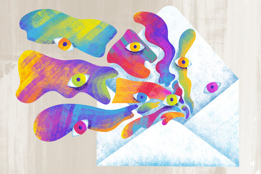 Colorful designs flow from an envelope 