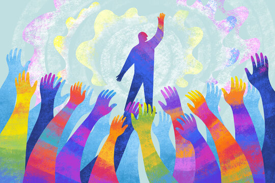 Crowd of hands reaching out to a person on a colorful background
