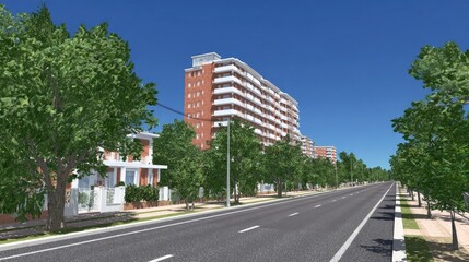 Obraz premium Wide suburban avenue lined with trees and residential buildings stretches toward the horizon under a clear blue sky.