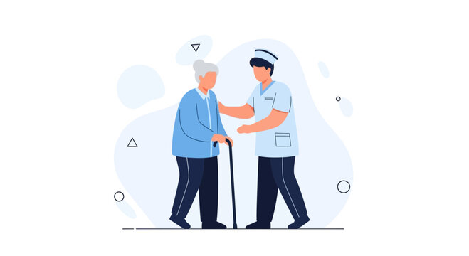 Nurse assisting elderly woman with cane, healthcare, support, medical care concept