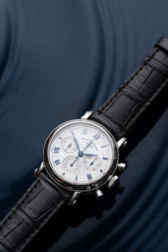 Franck Muller hand-wound chronograph, double-dial model, reference 7000 CC DF with a steel case. Photographed on the surface of the water. Milan. Italy_September 17, 2025