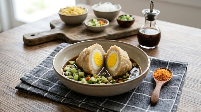 Bakso telur ayam kampung dengan kuah kaldu dan pelengkap sayuran di piring makan