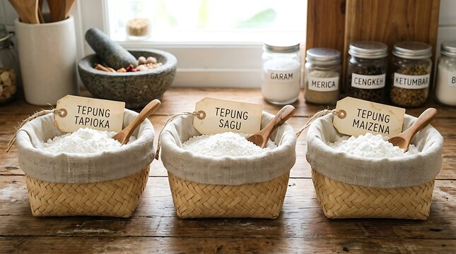 Baskom bambu berisi tepung tapioka, tepung sagu, dan tepung maizena di dapur tradisional Indonesia