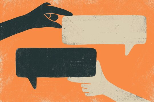 Hands holding thought and speech bubbles