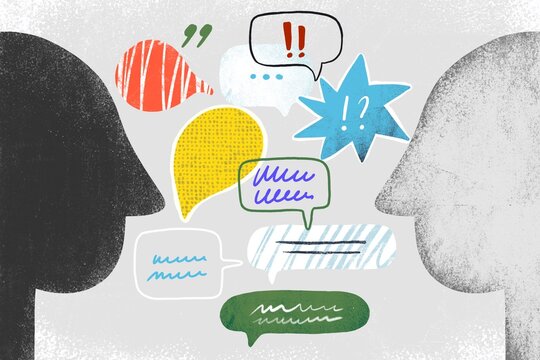 Human heads and thought and speech bubbles