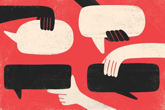 Hands holding thought and speech bubbles