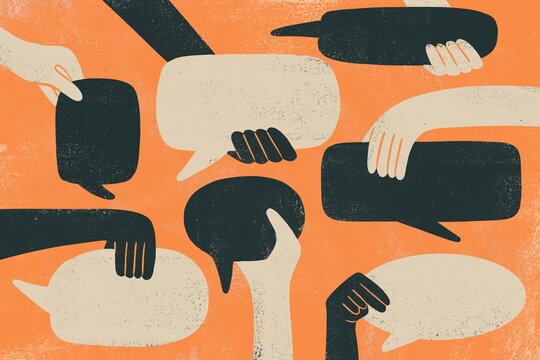 Hands holding thought and speech bubbles