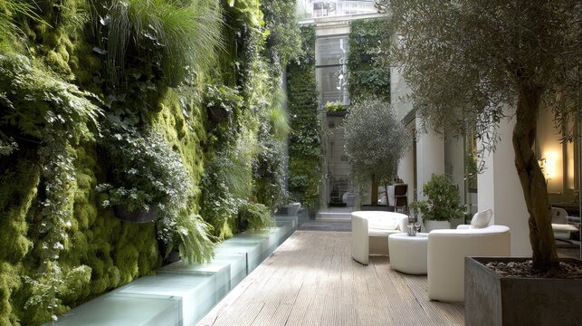 Interior courtyard features a striking vertical garden with abundant green foliage beside contemporary white seating