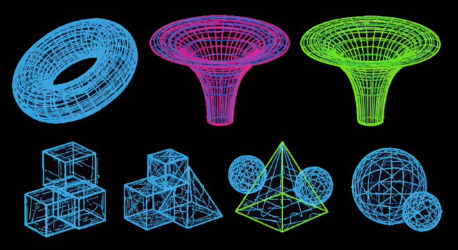 Abstract Wireframe Geometric Shapes Collection on Black Background