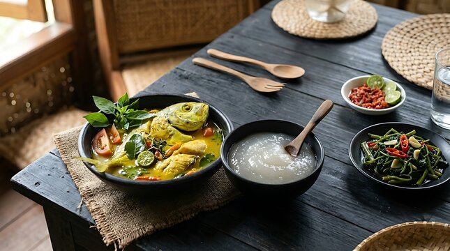 Papeda sagu khas Ambon disajikan dengan ikan kuah kuning, sayur tumis, sambal dan pelengkap tradisional di meja kayu
