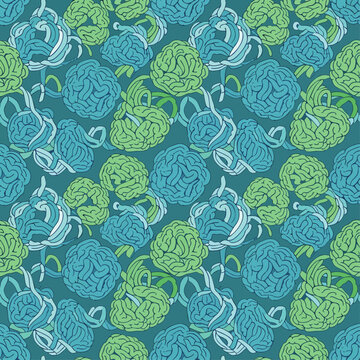 Seamless pattern of stylized brains in blue and green, representing science, technology, and abstract concepts.