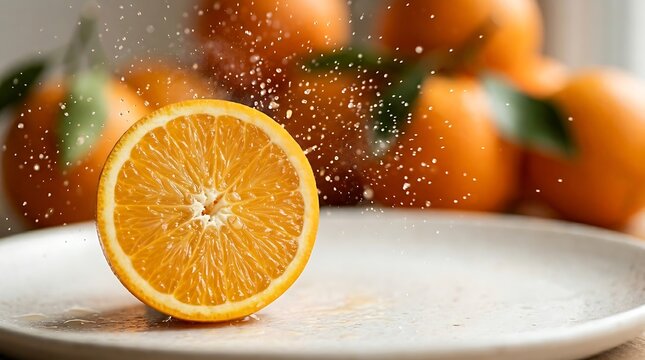 Jeruk manis segar dipotong di atas meja dengan latar buah jeruk utuh di belakang