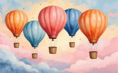 Fototapeta premium Colorful hot air balloons drift through a dreamy pastel sky with soft