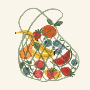 Mixed fruit in a shopping bag spot illustration 