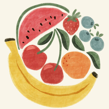 Mixed fruit in a string shopping bag spot  illustration 