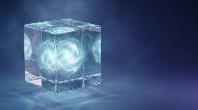 Glowing magical crystal cube containing swirling ethereal energy suspended in a dark mysterious void represents the power of futuristic science and spiritual cosmic light