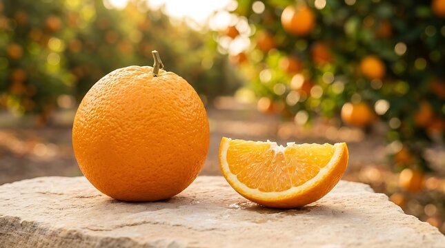 Jeruk Siam segar di kebun dengan latar pohon jeruk manis berbuah