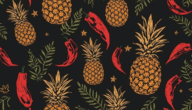 A stylized seamless pattern displays golden pineapples and red chili peppers with tropical foliage on a black background.