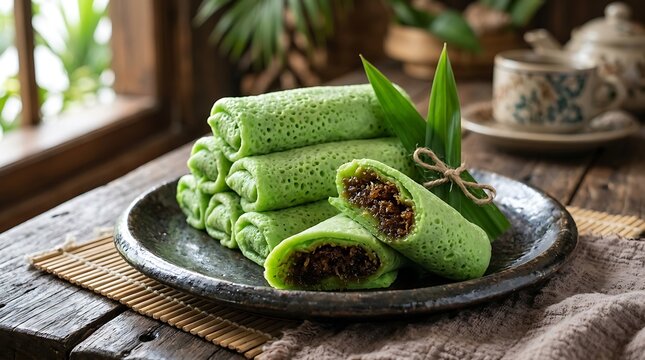 Kue serabi hijau isi kelapa dan gula merah khas Indonesia