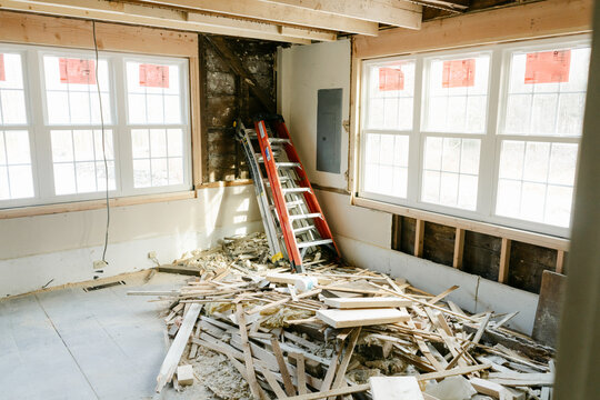 pile of rubble Inside of old home being renovated 