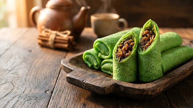 Kuliner khas Indonesia berupa serabi hijau isi gula merah dan kelapa muda di atas papan kayu